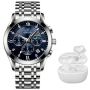 Men's Stainless Steel Quartz Watch & Auto-pair Bluetooth Earbuds Gift Set