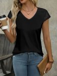 Solid Contrast Lave V-neck T-Shirt Elegant Short Sleeve Top For Summer & Spring Women's Clothing