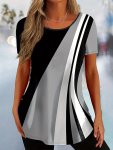 Striped Print Crew Neck T-Shirt Casual Short Sleeve T-Shirt For Spring & Summer Women's Clothing