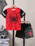 2PCS Spider Web Print Short Sleeve T-Shirt + Comfy Shorts Set For Boys Summer Clothes