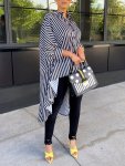 Striped Print High Low Hem Shirt Casual Long Sleeve Button Up Shirt Women's Clothing