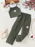 2PCS Trend Logo Camisole Top + Cargo Pants 2-PIECE Girl's Set Casual Outdoor Girls Summer Clothes