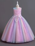 Girls' Rainbow Princess Dress With Lace And Tulle Flower Girl Wedding Pageant Runway Gown Host Piano Performance Costume For Kid