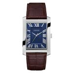 Guess Brown Leather Analog Watch Silver Tone Case Blue Dial