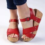 Ladies Cork Wedge Strips Sandal - Red - 8