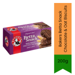 Bakers Betta Snack Chocolate & Oat Biscuits 200G Chocolate Oat Biscuits For Tea Time Lunchboxes & Everyday Snacking Crunchy Text
