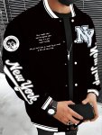 New York Series Men's Casual Fleece Baseball Jacket - 100% Polyester Knit Fabric Slight Stretch Alphabets Pattern Regular Fit Fa
