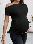Asymmetrical Off-shoulder Maternity T-Shirt Slim Fit Solid Color Top For Pregnant Women