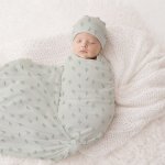 Beige With Green Leaf Pattern Swaddle Wrap Set Newborn Hospital Set Sa