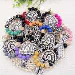 1PC Cow Pattern Silicone Beaded Wristlet Keychain With Rainbow Mama Rainbow Tag Bag Charm Phone Lanyard Bangle Keychain Mother's