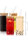 370ML Clear Square Glass Cups With Lids & Straws Tumbler