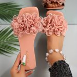 Women's Flower Decor Slide Sandals Casual Square Open Toe Flat Summer Shoes Lightweight Slide Sandals