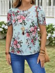 Floral Print Crew Neck Blouse Elegant Short Sleeve Blouse For Spring & Summer Women's Clothing