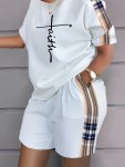 Plaid Print Splicing Two-piece Set Faith Print Short Sleeve Tops & Pocket Workout Shorts Outfits Women's Clothing