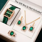 5PCS SET Women's Vintage Square Pointer Quartz Watch Analog Pu Leather Wrist Watch & Synthetic Gem Jewelry Set Gift For Mom Her