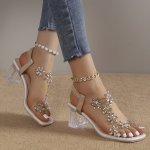 Women's Flower Rhinestone Decor Sandals Square Toe Elastic Band Transparent Chunky Heels Fashion Going Out Summer Sandals