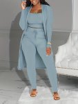 Casual Ribbed 3PCS Set Crop Tank Top + High Waist Drawstring Pants + Longline Cardigan Outfits Women's Clothing