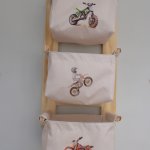 Modern Nappy Or Toy Stacker With Wooden Frame Checkered Dirt Bike