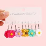 5 Pairs Girls Cute Candy Color Small Daisy Flower Design Drop Earrings Ideal Choice For Gifts