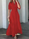 Solid Button Front Belted Dress Elegant Ruched Sleeve Ruffle Trim Maxi Dress Women's Clothing For Elegant Dressing