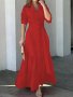 Solid Button Front Belted Dress Elegant Ruched Sleeve Ruffle Trim Maxi Dress Women's Clothing For Elegant Dressing