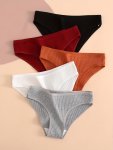5PCS Solid Ribbed Briefs Comfy & Breathable Stretchy Intimates Panties Women's Lingerie & Underwear