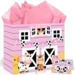 Farm Animals Gift Bag For Kids Girls Baby Shower Pink Farmhouse Birthday Gift Bag With Wrapping Paper Card Large Cows Pigs Horse
