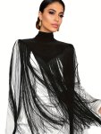 Tassel Trim Mock Neck Crop Shawl Cloak Goth Sleeveless Irregular Cape Women's Clothing