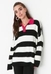 Black Striped Polo Neck Knitwear Sweater