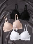 3PCS Contrast Lace Push Up Bras Comfy & Breathable Intimates Bra Women's Lingerie & Underwear