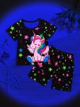 2PCS Girls Summer New Cozy Pajama Set Colorful Ice Cream Print Short Sleeve T-Shirt Top & Short Set Comfy Breathable Pj Set Chil