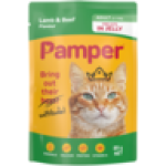 Pampers Pamper Lamb & Beef Flavoured Adult Cat Food In Jelly Pouch 85G