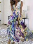 Peacock Print V Neck Dress Elegant Sleeveless Flowy Maxi Dress For Vacation Women's Clothing