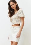 Gimped Square Neck Crop Knit Blouse - Yellow
