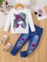 Toddler Girls 2pcs Cartoon Girl Graphic Long Sleeve T-shirt Top + Imitation Denim Print Pants For Spring Fall Gift Party