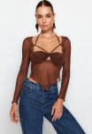 Cut Out window Detail Tulle Blouse - Brown