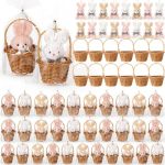 Ceenna 144 Pcs Easter Gifts Bulk MINI Easter Bunny With Basket 4.1 In Rabbits With 5.5 In MINI Woven Baskets Rabbits Gift Basket