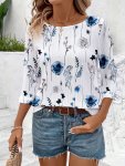 Floral Print Crew Neck Blouse Elegant Half Sleeve Top For Spring & Summer Women's Clothing
