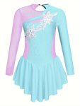 Rhinestone & Color Splicing Girls Ballet Tutu Dress Long Sleeve Figure Skating Gymnastics Leotard Ballerina Party Dresses