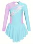 Rhinestone & Color Splicing Girls Ballet Tutu Dress Long Sleeve Figure Skating Gymnastics Leotard Ballerina Party Dresses