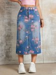 Retro Style Floral Print Midi Denim Skirt Split High Rise Elegant Denim Skirt Women's Denim Jeans & Clothing
