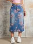 Retro Style Floral Print Midi Denim Skirt Split High Rise Elegant Denim Skirt Women's Denim Jeans & Clothing