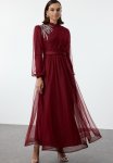 Stone Accessory Tulle Evening Dress - Burgundy