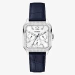 Guess Silver Tone Case Navy Genuine Leather Woman's Watch GW0309L1
