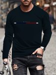 Men's Fashion 3D Cool Wave & Letter Print Long Sleeve T-Shirt Casual Sport Comfort Crew Neck Top Casual Style Spring Stylish Tee