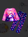 Kids Unicorn Print Knit Pajama Set - Casual Crew Neck With Applique Detail Slight Stretch Cozy Long Sleeve And Pants Outfit For