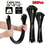 300PCS Nylon Cable Ties Assorted Sizes 40.64CM 20.32CM 15.24CM High Tensile Strength Uv Resistant Self-locking Black Zip Ties Fo