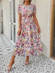 Floral Print Petal Sleeve Dress Elegant Crew Neck Midi Dress For Spring & Summer Women's Clothing