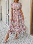 Floral Print Petal Sleeve Dress Elegant Crew Neck Midi Dress For Spring & Summer Women's Clothing