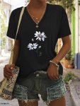 Floral Print V Neck T-Shirt Casual Short Sleeve T-Shirt For Summer Women's Clothing